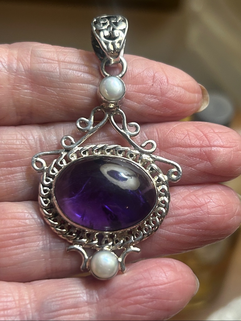 Artisan Purple Amethyst Cabochon Pendant with Pearl Accents